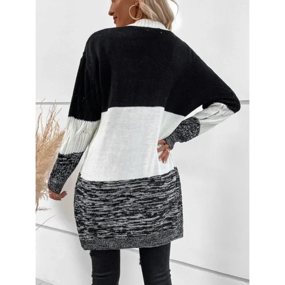 SOLD OUT Marled Black White Colorblock Cable Knit Open Duster Cardigan Sweater - Picture 4 of 4
